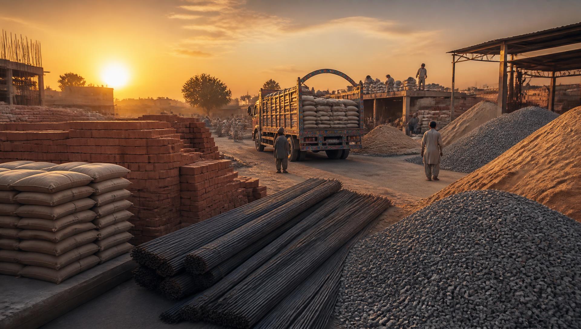 Construction material supply yard in Lahore with cement, bricks, sand and steel